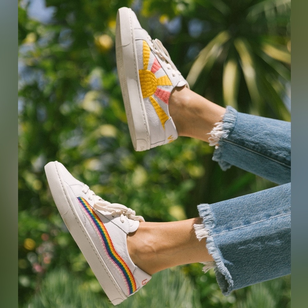 Soludos White Sneakers with Rainbow and Sun Embroidery